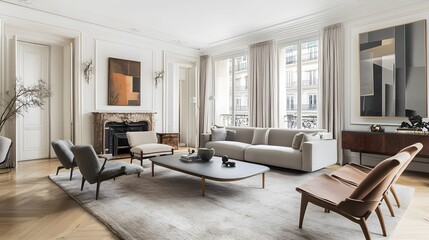 A transitional living room with a mix of classic and modern furniture, accented by a plush area rug.