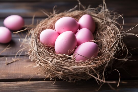 A nest of pink eggs sits on a wooden surface - Powered by Adobe