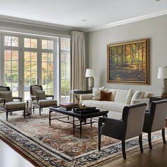 A transitional living room with a mix of classic and modern furniture, accented by a plush area rug.