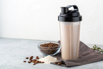 Protein shake preparation with shaker bottle and ingredients on a kitchen countertop