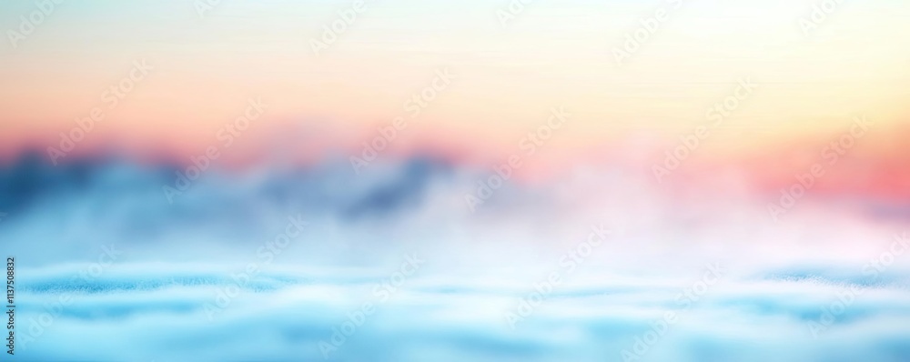 Poster mysterious fog idea. a serene landscape filled with soft clouds against a colorful sunrise backdrop.