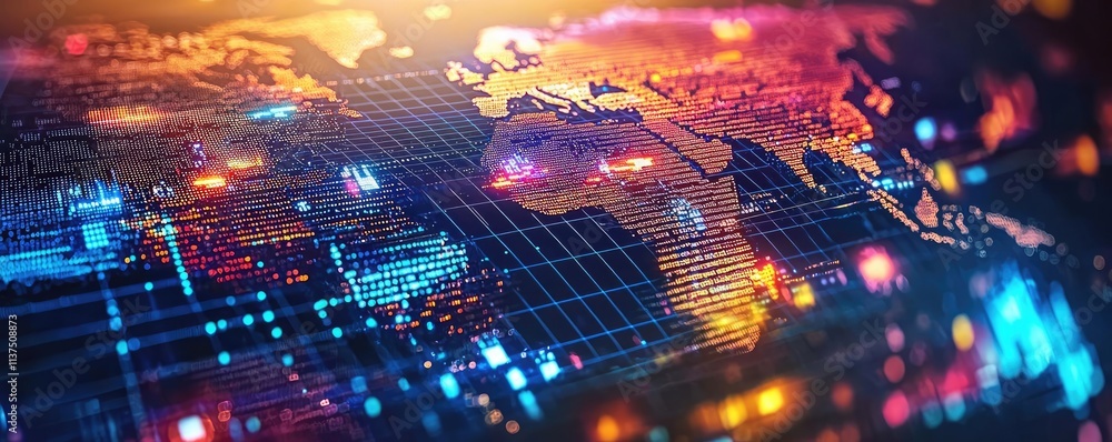 Poster Weather forecast idea. A vibrant map of the world with digital data representation and colorful lights.
