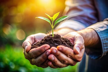 Fototapeta premium Green Sprout Hand Photography, Growing Plant Portrait, Soil in Hand, Nature Photography, Environmental Theme, Plant Care, Sustainable Living, Eco-Friendly Image, Seedling in Palm