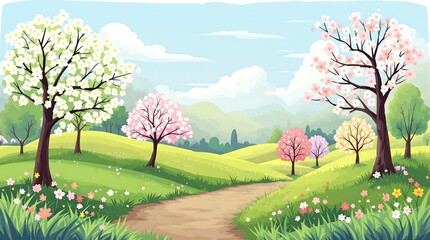 Picturesque landscape with a winding path and blooming trees