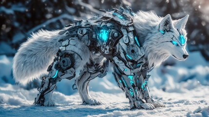 Fototapeta premium Futuristic robotic wolf in snowy landscape