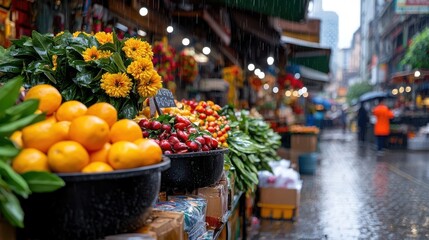 Obraz premium Vibrant Outdoor Market Stall Overflowing with Colorful Assortment of Fresh Fruits and Vegetables for Sale in a Busy City Street Scene