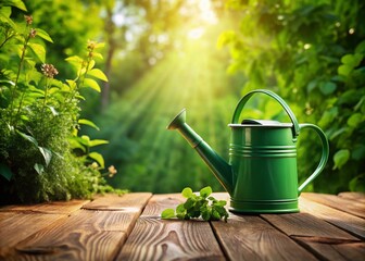 Green Watering Can, Garden Scene, Lush Foliage, Wooden Table, Summer Day, Plants, Outdoors, Nature Photography, Spring, Gardening Tools,  Watering Plants,  Plant Care,  Sunlight,  Green Leaves,