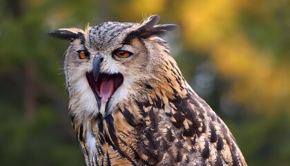 Naklejka premium An owl mid-yawn, with its eyes half-closed, sitting on a branch in a blurred natural background, details of feathers clearly visible.