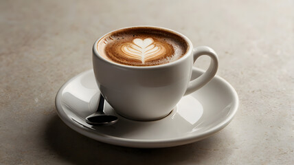 Fototapeta premium Aromatic Latte Art: A steaming cup of coffee with delicate latte art, a symbol of warmth, relaxation, and the perfect morning pick-me-up. 