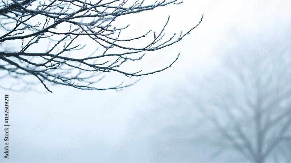 Aufkleber mysterious fog idea. a serene winter scene featuring bare branches in a foggy atmosphere.