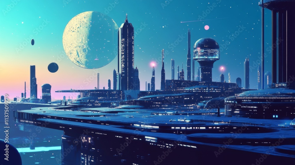 Poster a futuristic city in space features towering structures under a starry sky with planets visible in t