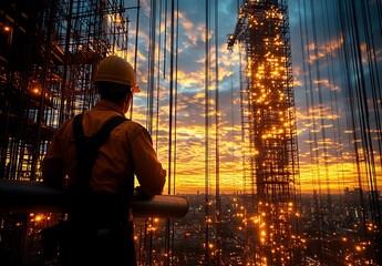 Construction Worker Watching Sunset Over Cityscape
