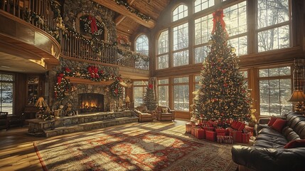 Obraz premium Grand room adorned with Christmas decor, tree, presents, and fireplace.