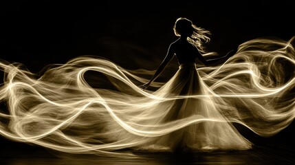 Silhouette of Woman in Flowing Dress with Light Trails