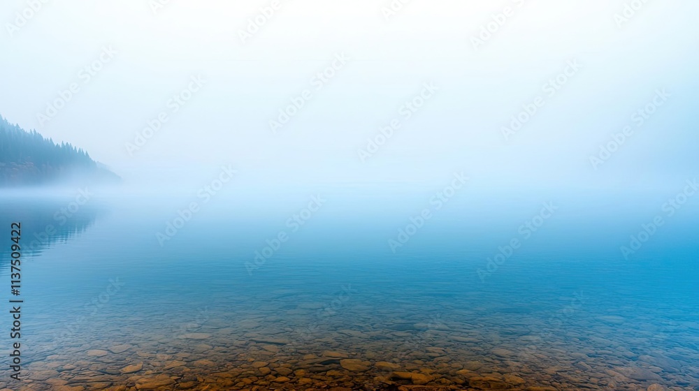 Poster mysterious fog idea. misty lake view reflecting tranquility in serene, blue and gray hues.