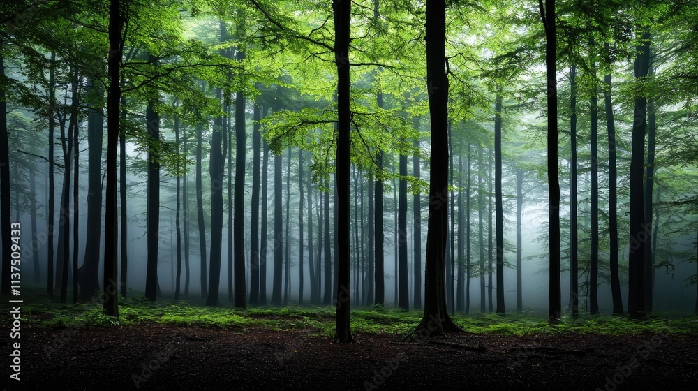 Poster mysterious fog idea. mist envelops a serene forest, with lush green trees creating a tranquil landsc