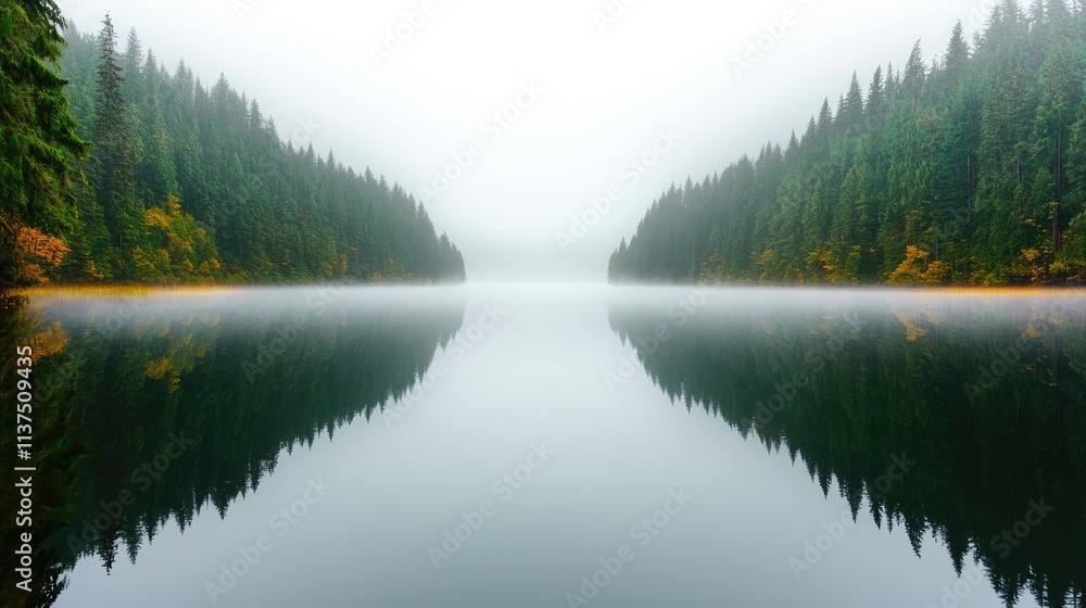 Poster Mysterious fog idea. Serene lake surrounded by foggy forests, creating a tranquil and peaceful atmosphere.