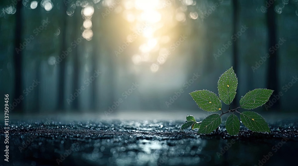 Poster Mysterious fog idea. A fresh green leaf glistens with dew in a serene forest, illuminated by soft sunlight.