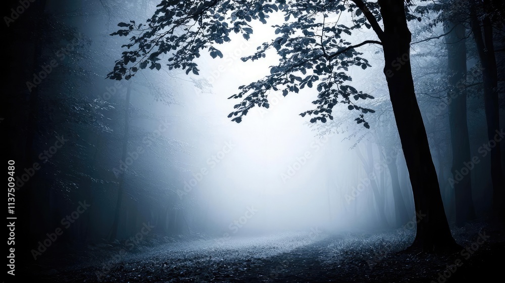 Poster Mysterious fog idea. Mysterious fog envelops a tranquil forest path, inviting exploration and reflection.
