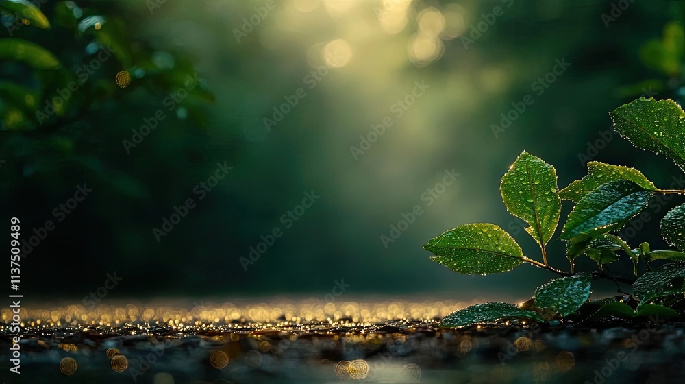 Poster Mysterious fog idea. Serene nature scene featuring dew-kissed leaves and soft sunlight filtering through greenery.