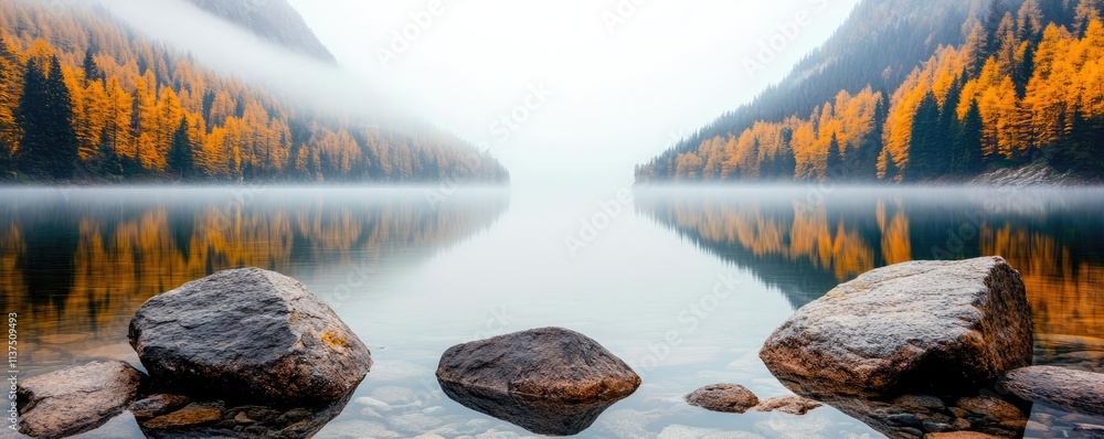 Poster mysterious fog idea. serene lake surrounded by autumn trees and misty mountains under a gray sky.