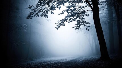 Mysterious fog idea. Mysterious fog envelops a tranquil forest path, inviting exploration and reflection.