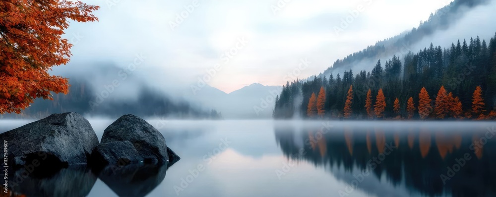 Poster mysterious fog idea. serene lake surrounded by misty mountains and autumn foliage reflecting on the 