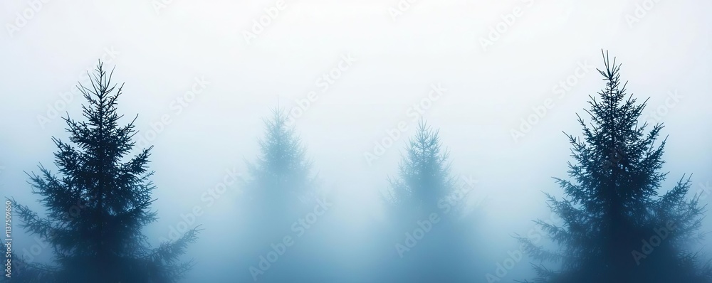 Poster mysterious fog idea. misty forest landscape with tall trees shrouded in soft, ethereal fog.