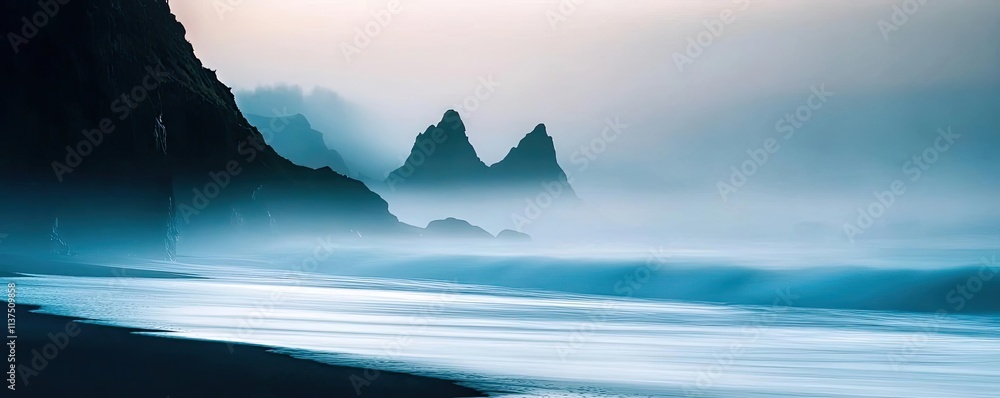 Poster mysterious fog idea. serene coastal landscape with misty waves and rocky cliffs during twilight.