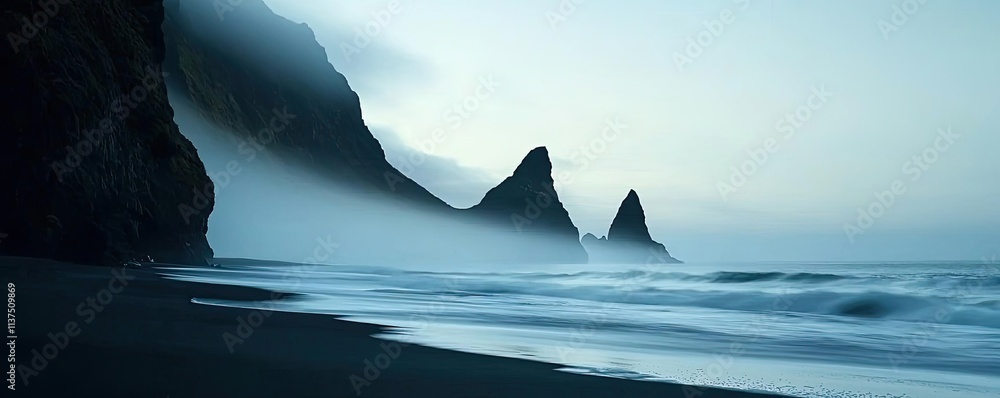 Poster Mysterious fog idea. Serene coastal landscape with misty cliffs and gentle waves at dusk.