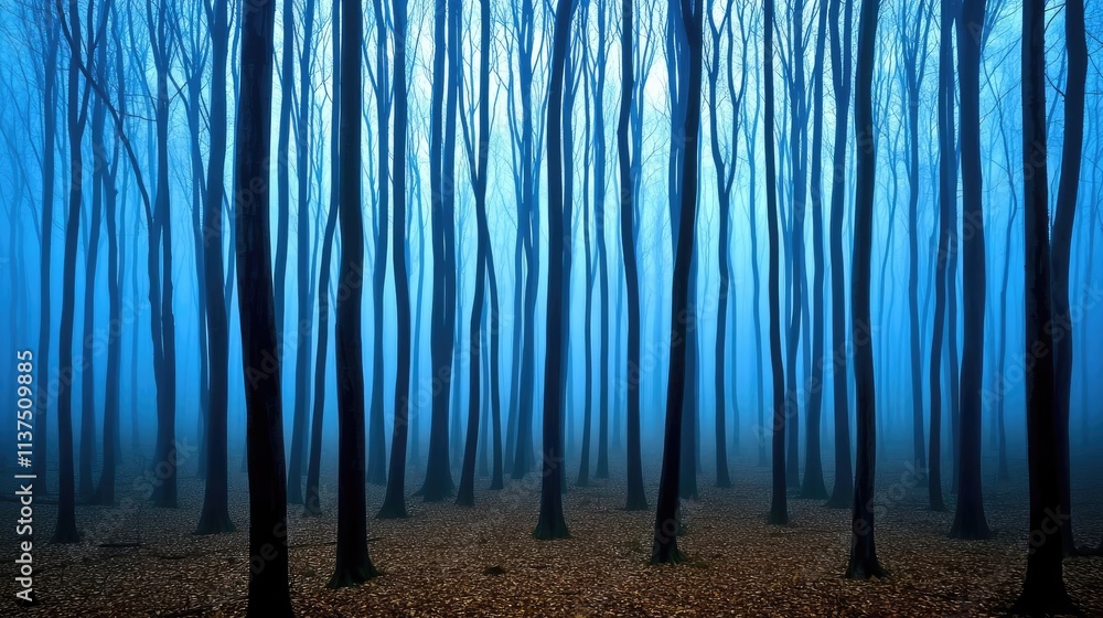 Aufkleber Mysterious fog idea. Mysterious foggy forest with tall, bare trees and a serene atmosphere.