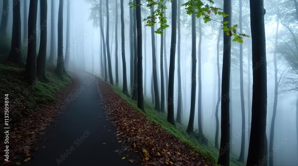 Poster Mysterious fog idea. A serene forest path shrouded in mist, inviting exploration and tranquility.