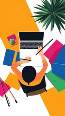 Person working on laptop, colorful papers, plant.