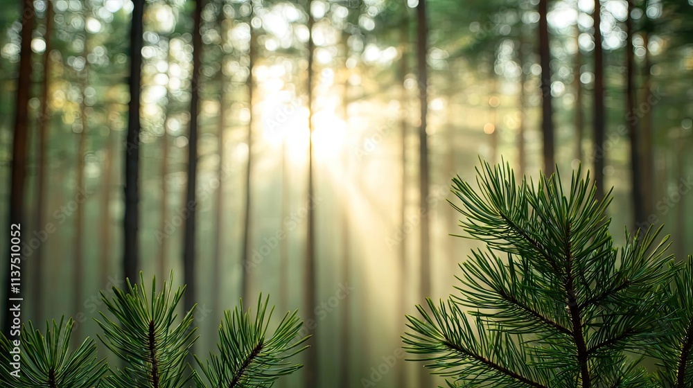 Poster Mysterious fog idea. Sunlight filters through a serene forest, illuminating green pine needles and creating tranquility.