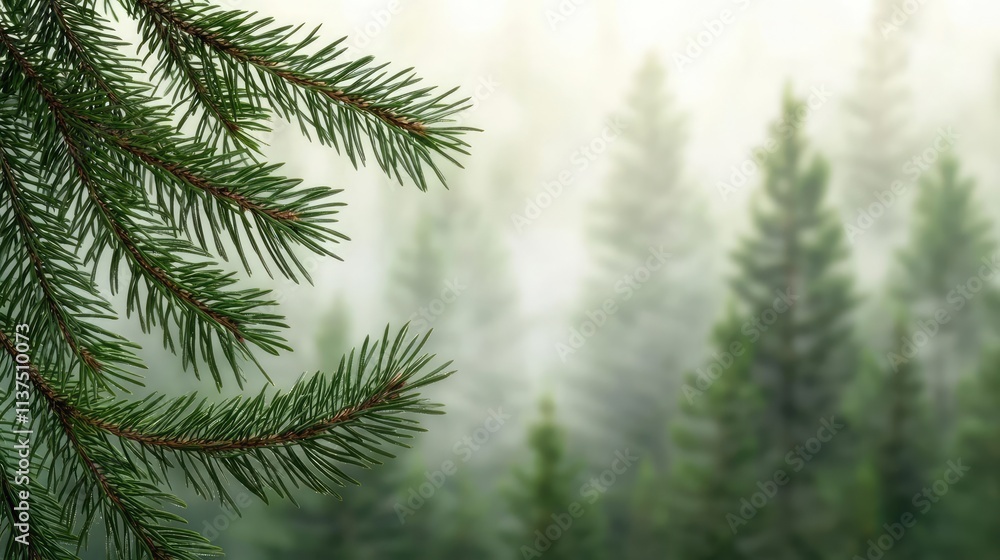 Poster mysterious fog idea. close-up of evergreen branches in a misty forest, showcasing nature's tranquili