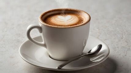 Fototapeta premium Aromatic Latte Art: A steaming cup of latte art, the delicate heart design in the crema, inviting a comforting and cozy moment. 