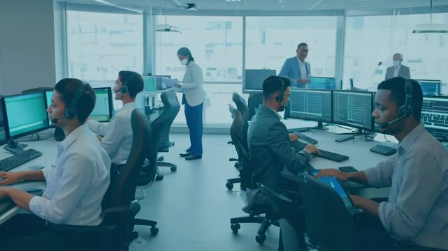 A modern office setting with employees working at desks. The environment highlights productivity, teamwork, and a professional atmosphere.