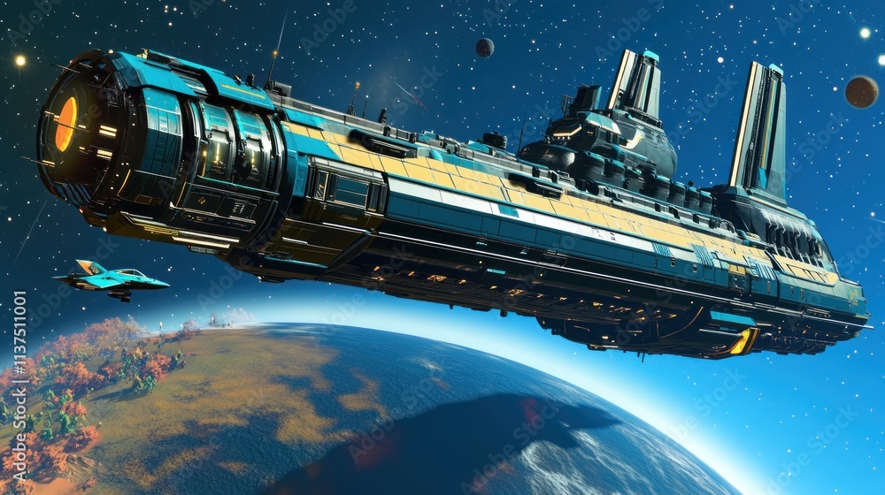 Poster futuristic spaceship hovering above planet surface