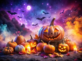 Obraz premium Halloween Double Exposure Background Design Featuring Spooky Elements in Orange, Purple, and Black for Social Media Promotions with Text Space for Engaging Holiday Posts