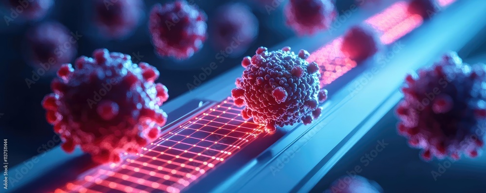 Poster cancer cells idea. digital representation of viruses on a glowing surface showcasing modern technolo