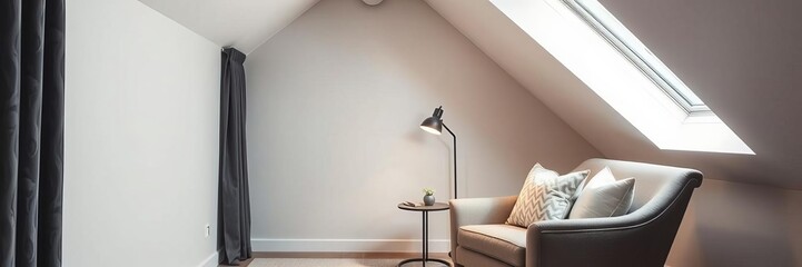 Modern loft master bedroom corner featuring a cozy armchair with a stylish design and soft cushions, master bedroom, loft
