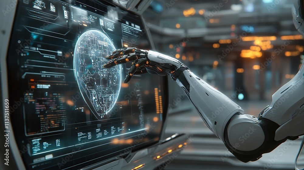 Poster futuristic robotic hand points at hologram on computer screen