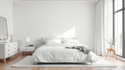 Modern minimalist white bedroom interior with sleek furniture and clean lines, bedroom, furniture