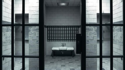 Modern prison cell interior featuring a comfortable bed and stainless steel sink, detention, restricted