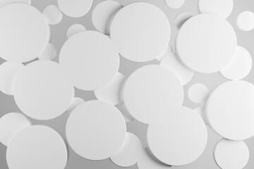 White abstract background with plastic cylinders different size as pattern, top view. 3D illustration with circles as texture in modern elegant, airy, geometric style for sale, advertising, design.