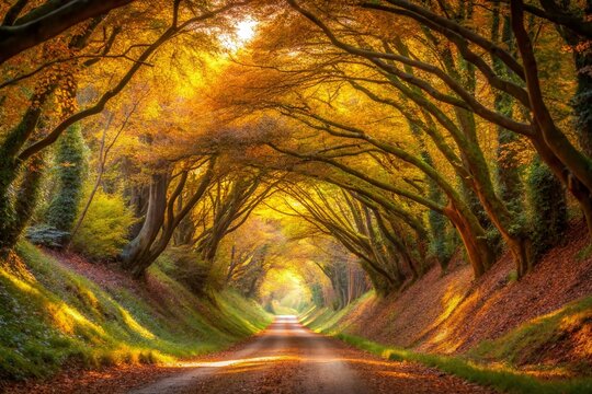 Halnaker Autumn Tunnel: Long Exposure Photography, West Sussex, UK, Sunlight, Tree Tunnel, Fall Foliage