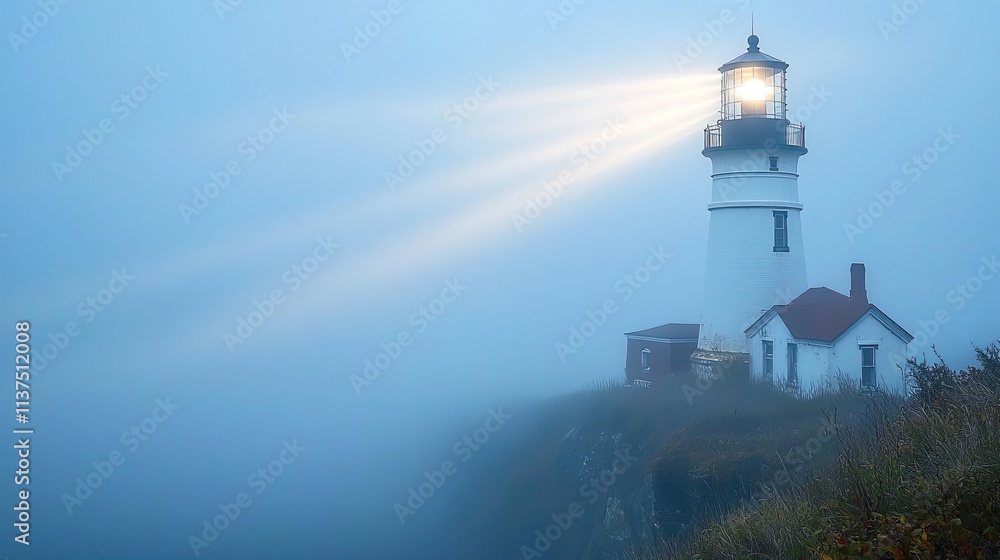 Poster mysterious fog idea. a serene lighthouse surrounded by fog, illuminated beams cutting through the mi