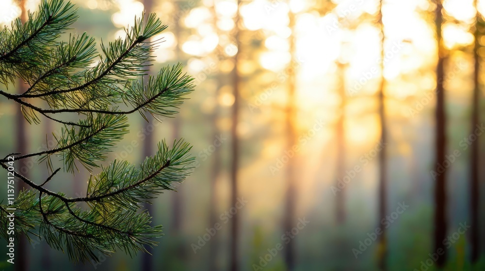 Poster Mysterious fog idea. Sunlight filters through a lush forest, illuminating pine branches with a serene glow.