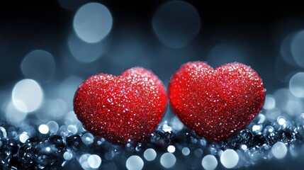 Two Sparkling Red Hearts on a Glittering Background