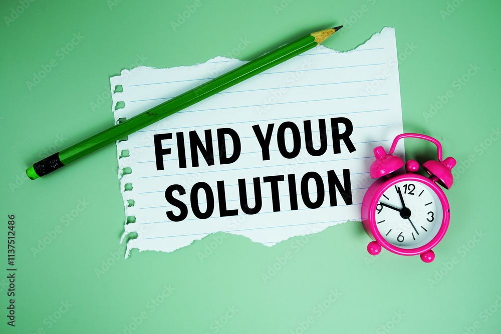Poster find your solution text written on paper card with alarm clcok on green background